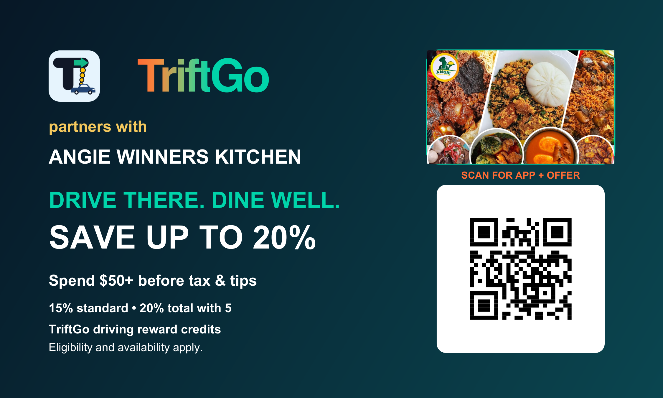 TriftGo partnership artwork for Angie Winners Kitchen, featuring food photography