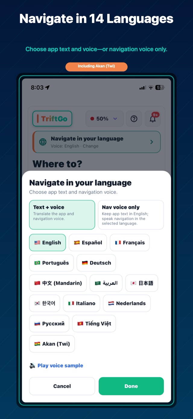 TriftGo navigation language selection showing its fourteen supported languages
