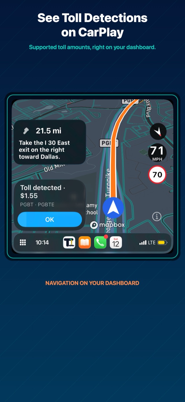 TriftGo on Apple CarPlay displaying a toll-aware navigation view